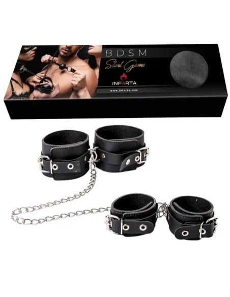 Esposas de mano tobillo con cadena larga- eco-cuero negro | Infarta fetish | Collares