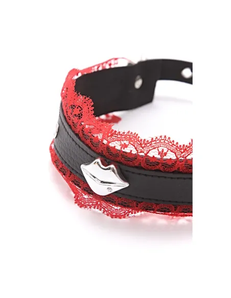 Collar choker con puntilla roja y boquita plateada | Infarta fetish | Accesorios y outfits