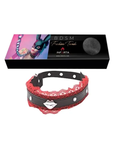 Collar choker con puntilla roja y boquita plateada | Infarta fetish | Accesorios y outfits