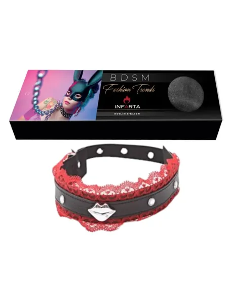Collar choker con puntilla roja y boquita plateada | Infarta fetish | Accesorios y outfits