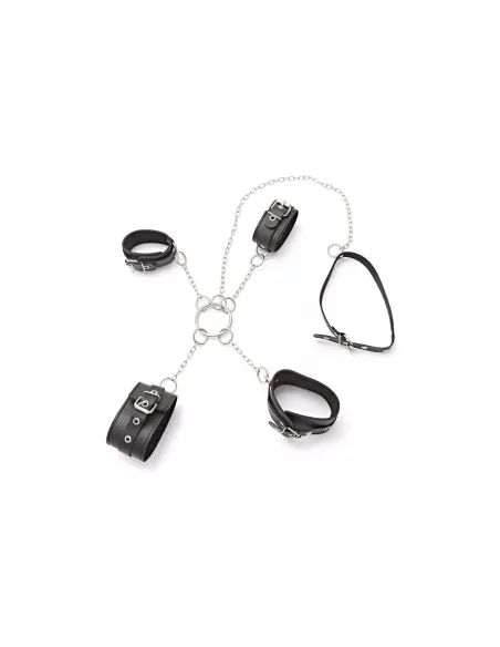 Esposas cruz de mano y tobillo con collar de cadena - eco cuero negro | Infarta fetish | Collares