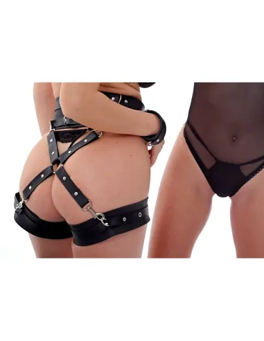 Arnes de cintura y muslera reforzada con esposas de mosqueton desmontables - eco cuero negro | Infarta fetish | Esposas
