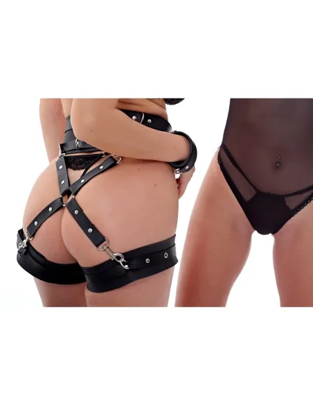 Arnes de cintura y muslera reforzada con esposas de mosqueton desmontables - eco cuero negro | Infarta fetish | Esposas