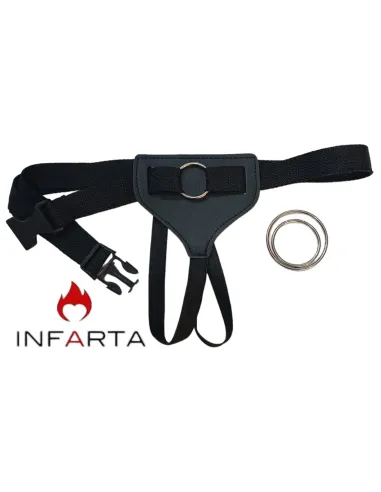 Cinturón-arnés femenino 3 en 1 con aros intercambiables - negro y correa regulable. | Infarta fetish | Cinturón dildo