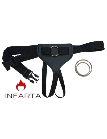 Cinturón-arnés femenino 3 en 1 con aros intercambiables - negro y correa regulable. | Infarta fetish | Cinturón dildo