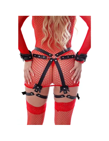 Arnes body bow y esposas de mano con mosqueton desmontable - eco cuero negro | Infarta fetish | Esposas