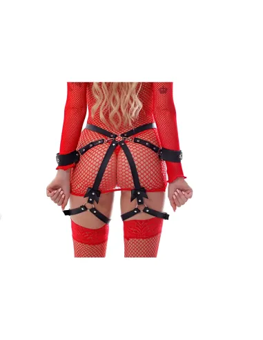 Arnes body bow y esposas de mano con mosqueton desmontable - eco cuero negro | Infarta fetish | Esposas