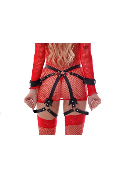 Arnes body bow y esposas de mano con mosqueton desmontable - eco cuero negro | Infarta fetish | Esposas