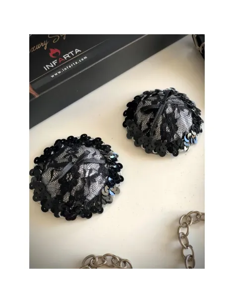 Sugerentes pezoneras de raso y puntillas en peltre | Infarta fetish | Descuentos y promociones