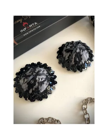 Sugerentes pezoneras de raso y puntillas en peltre | Infarta fetish | Descuentos y promociones