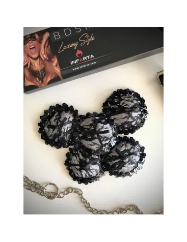 Sugerentes pezoneras de raso y puntillas en peltre | Infarta fetish | Descuentos y promociones