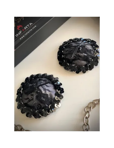 Sugerentes pezoneras de raso y puntillas en peltre | Infarta fetish | Descuentos y promociones