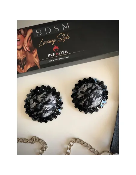 Sugerentes pezoneras de raso y puntillas en peltre | Infarta fetish | Descuentos y promociones