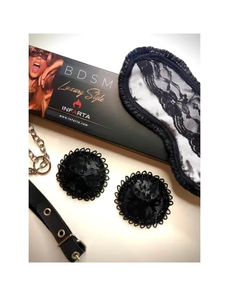 Antifaz y pezoneras de raso y puntilla color peltre -infarta sens- | Infarta fetish | Descuentos y promociones